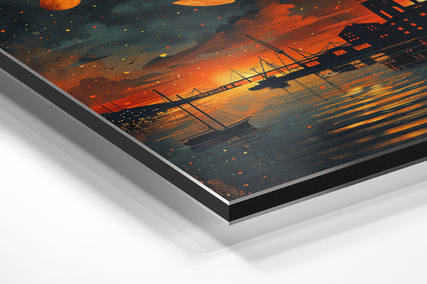 Harbor Night Orange Moon