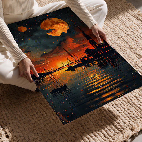 Harbor Night Orange Moon