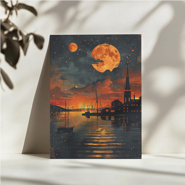 Harbor Night Orange Moon