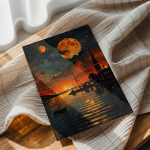 Harbor Night Orange Moon