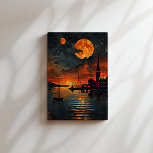 Harbor Night Orange Moon