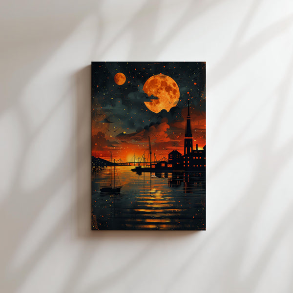 Harbor Night Orange Moon