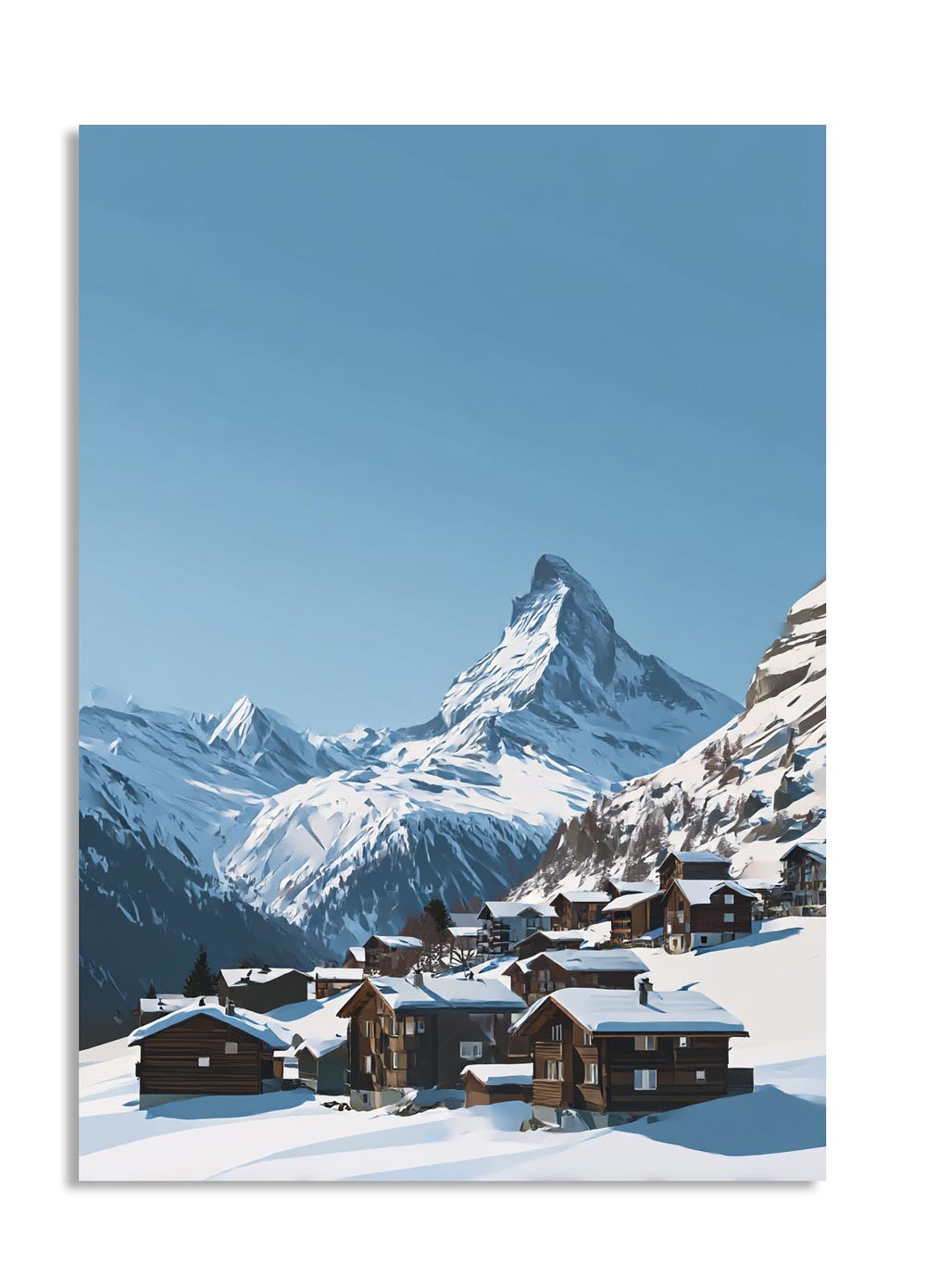 Snowy mountain village with a prominent peak under a clear blue sky, as a premium aluminum metal print from GoMetalPrint.
