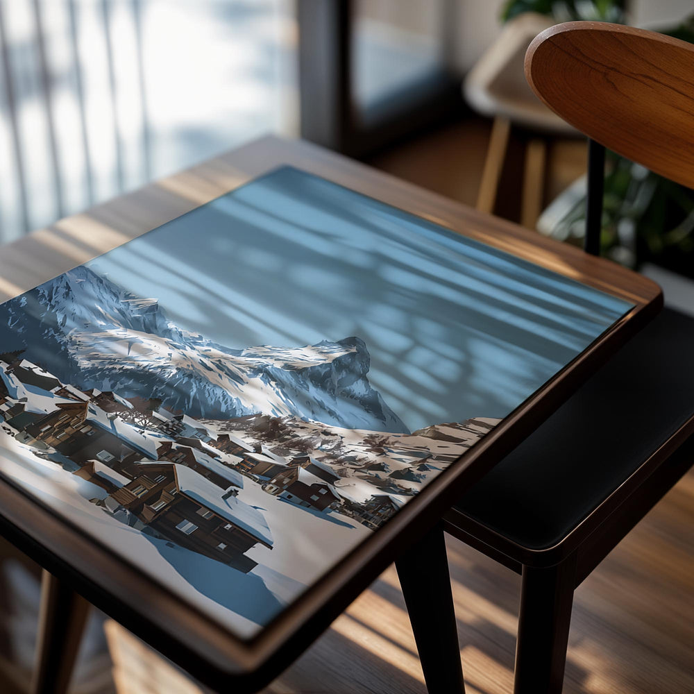 Snowy mountain village with a prominent peak under a clear blue sky, as a premium aluminum metal print from GoMetalPrint.
