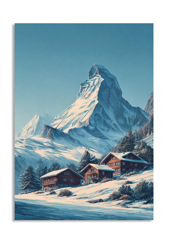Snowy mountain landscape with wooden cabins, as a premium aluminum metal print from GoMetalPrint.

