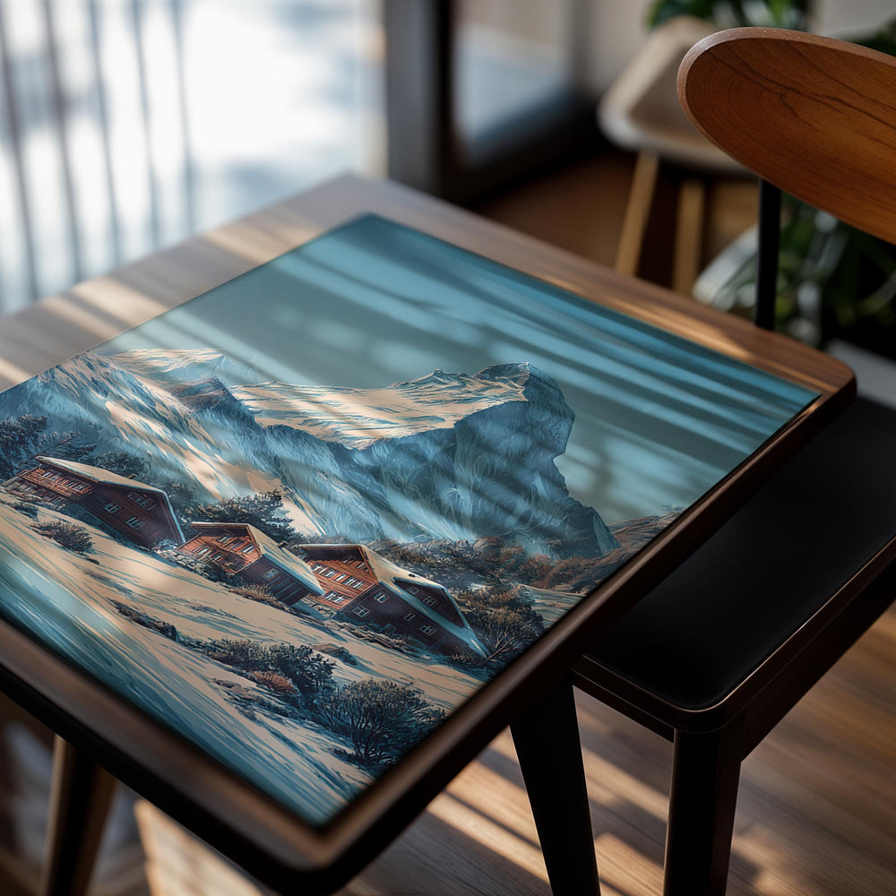 Snowy mountain landscape with wooden cabins, as a premium aluminum metal print from GoMetalPrint.
