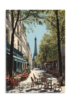 Street scene with tables and chairs under trees, Eiffel Tower in the background, as a premium aluminum metal print from GoMetalPrint.
