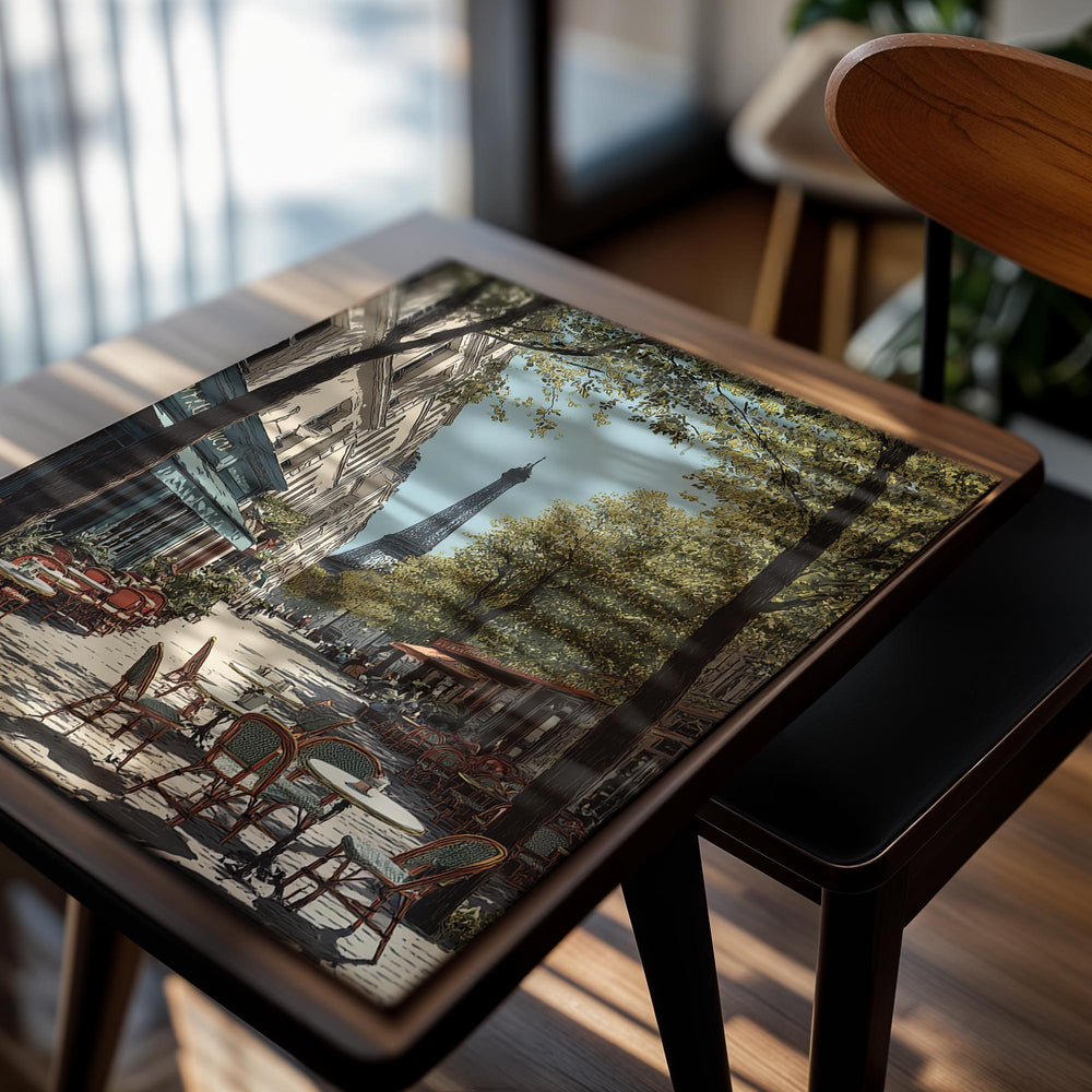 Street scene with tables and chairs under trees, Eiffel Tower in the background, as a premium aluminum metal print from GoMetalPrint.
