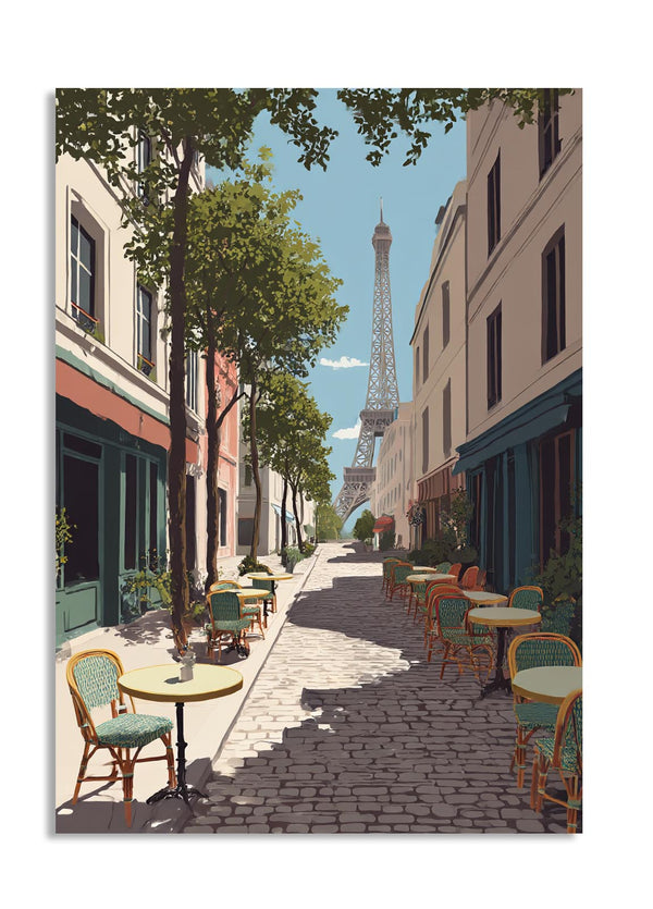 Street scene with tables and chairs in a Parisian setting with the Eiffel Tower in the background, as a premium aluminum metal print from GoMetalPrint.
