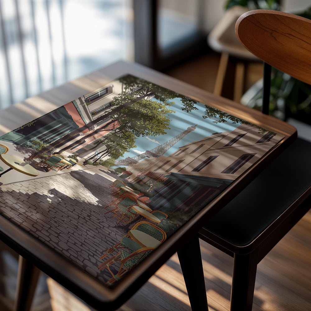 Street scene with tables and chairs in a Parisian setting with the Eiffel Tower in the background, as a premium aluminum metal print from GoMetalPrint.
