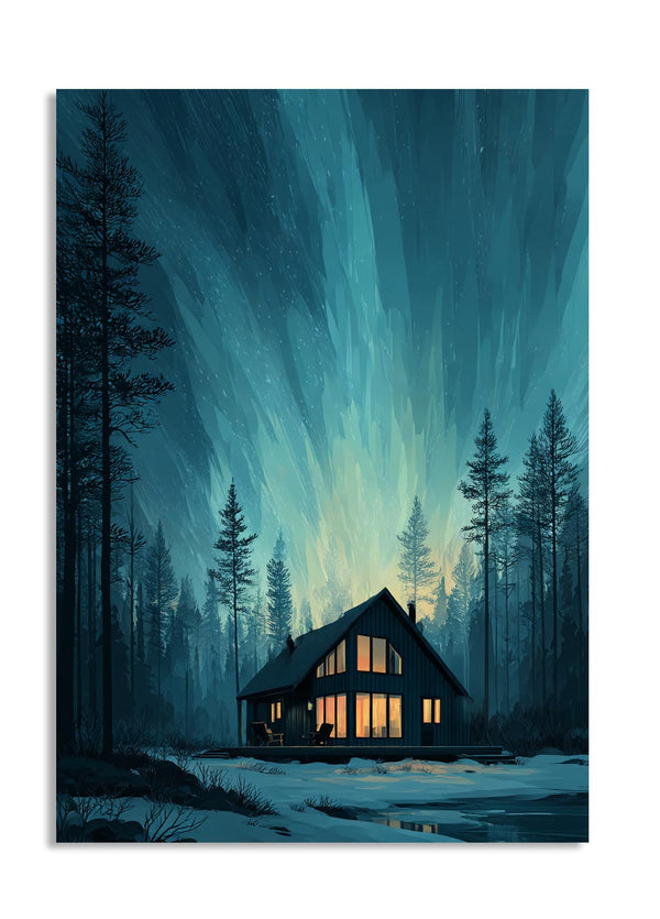 Cabin in the woods with a vibrant aurora borealis sky, as a premium aluminum metal print from GoMetalPrint.
