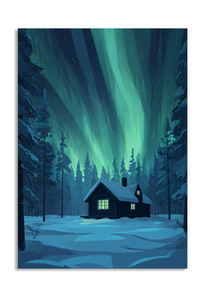 Cabin in a snowy forest under a vibrant green aurora borealis sky, as a premium aluminum metal print from GoMetalPrint.
