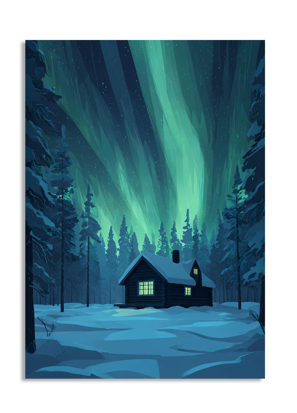 Cabin in a snowy forest under a vibrant green aurora borealis sky, as a premium aluminum metal print from GoMetalPrint.
