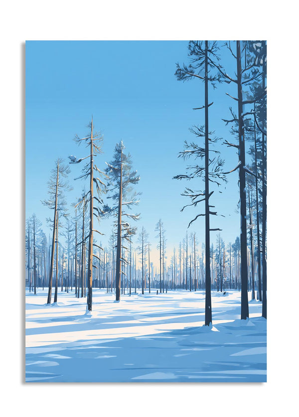 Winter forest with snow-covered ground and tall trees under a clear blue sky, as a premium aluminum metal print from GoMetalPrint.
