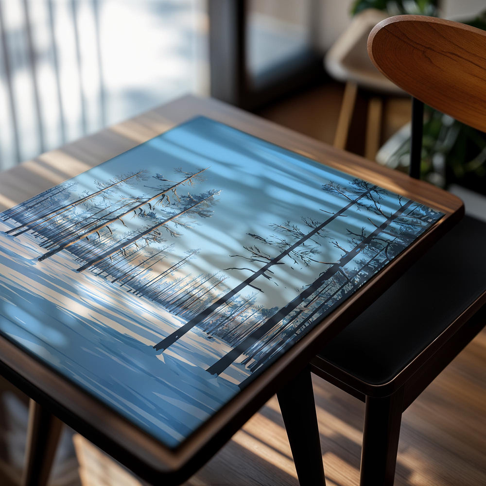 Winter forest with snow-covered ground and tall trees under a clear blue sky, as a premium aluminum metal print from GoMetalPrint.
