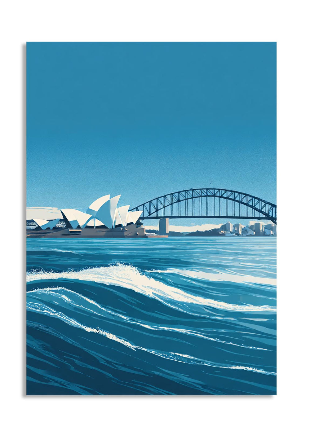 Art print of the Sydney Opera House and Harbour Bridge with blue water and sky , as a premium aluminum metal print from GoMetalPrint.
