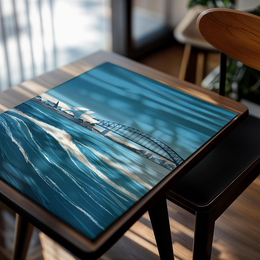 Art print of the Sydney Opera House and Harbour Bridge with blue water and sky , as a premium aluminum metal print from GoMetalPrint.
