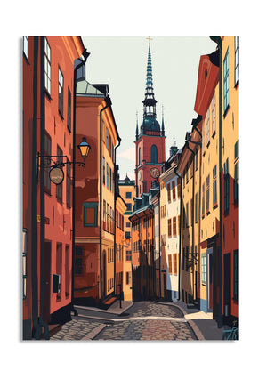 Colorful street scene with tall buildings and a church spire in the background, as a premium aluminum metal print from GoMetalPrint.
