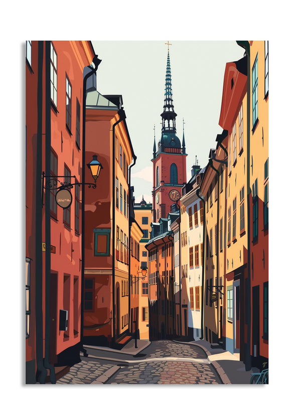 Colorful street scene with tall buildings and a church spire in the background, as a premium aluminum metal print from GoMetalPrint.
