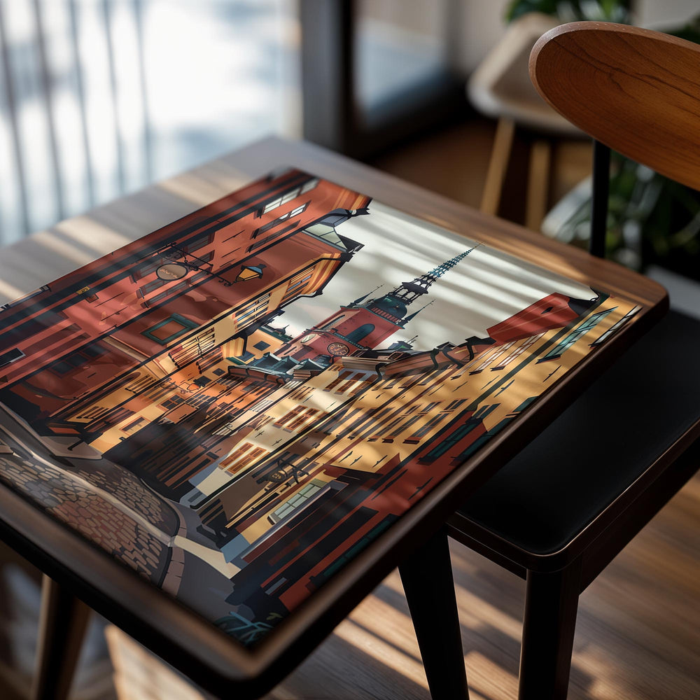 Colorful street scene with tall buildings and a church spire in the background, as a premium aluminum metal print from GoMetalPrint.
