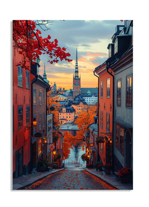 City street with colorful buildings and a church spire at sunset, as a premium aluminum metal print from GoMetalPrint.
