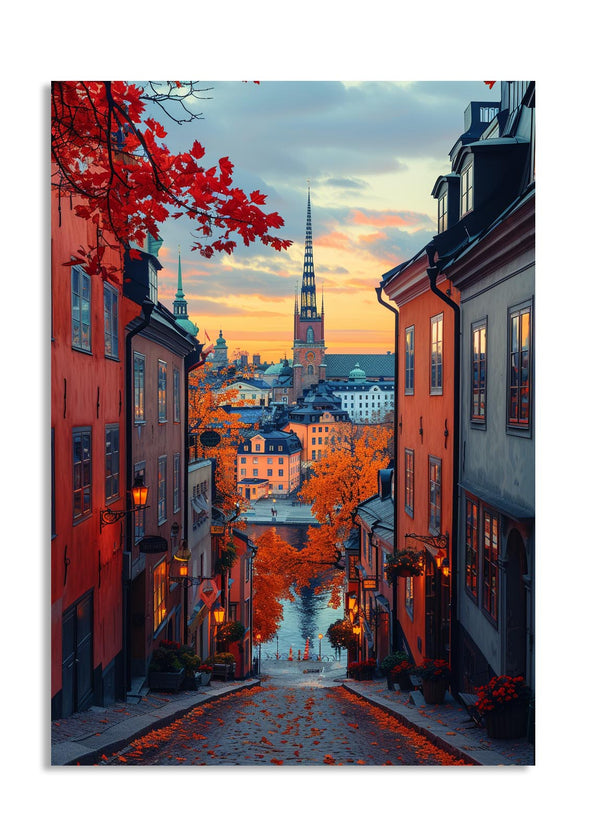 City street with colorful buildings and a church spire at sunset, as a premium aluminum metal print from GoMetalPrint.
