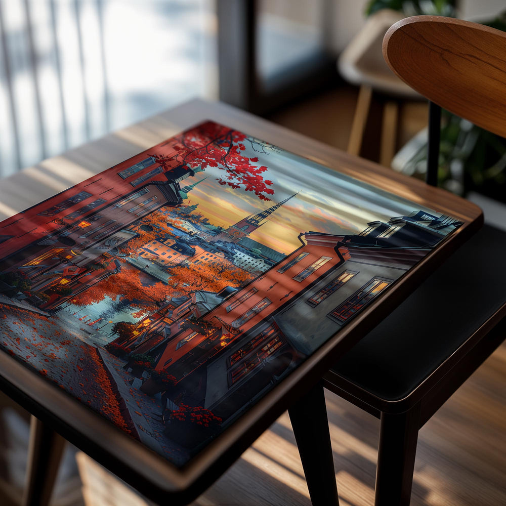 City street with colorful buildings and a church spire at sunset, as a premium aluminum metal print from GoMetalPrint.
