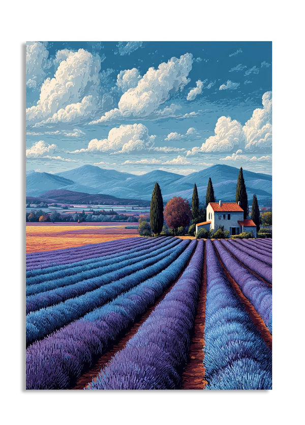 Lavender field with a house and cypress trees under a blue sky with clouds, as a premium aluminum metal print from GoMetalPrint.
