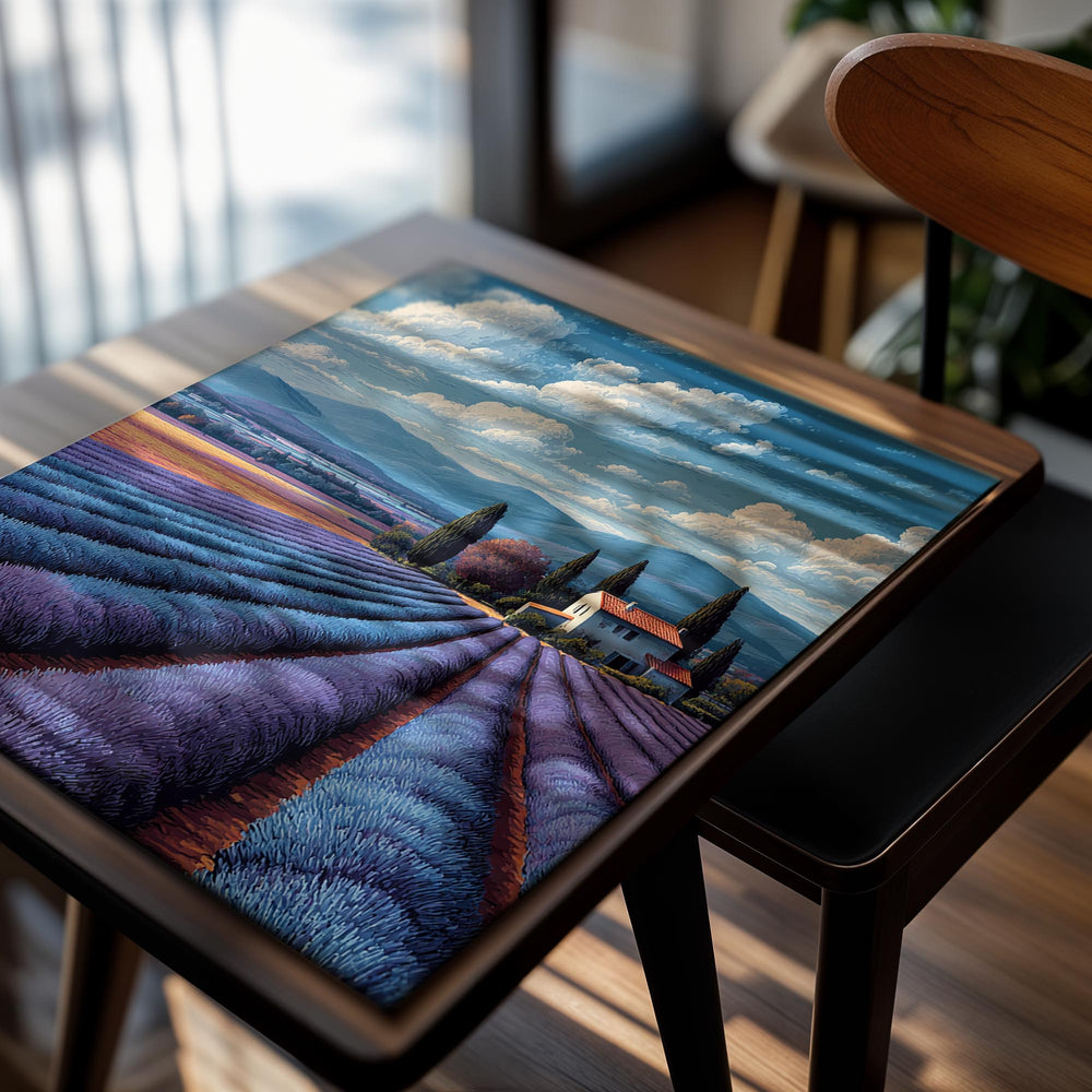 Lavender field with a house and cypress trees under a blue sky with clouds, as a premium aluminum metal print from GoMetalPrint.
