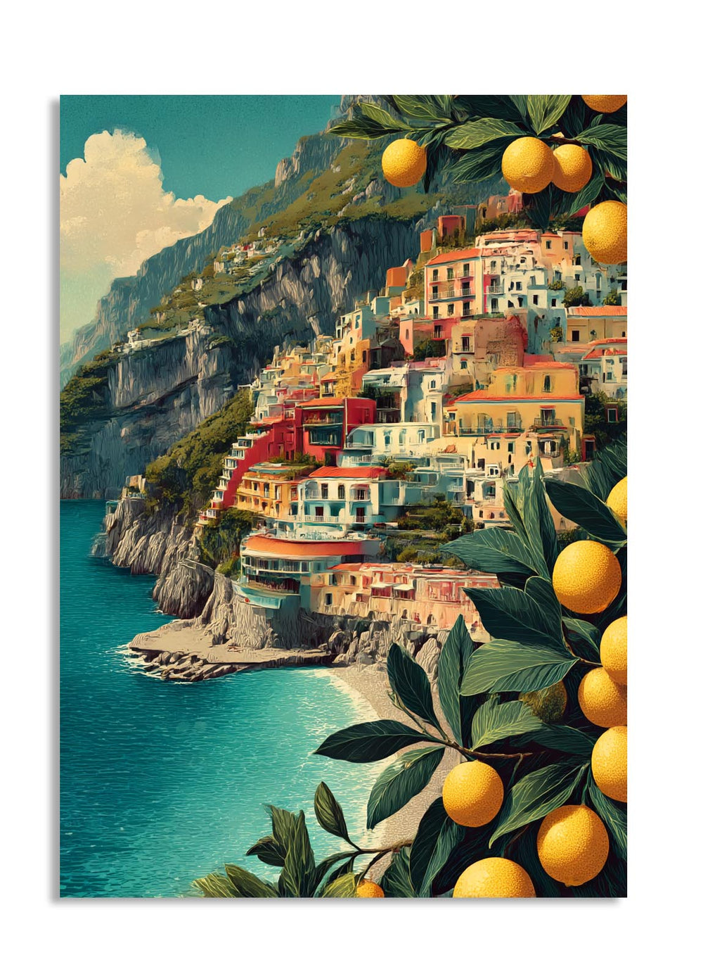 Vibrant coastal scene with colorful buildings, blue sea, and lemon trees, as a premium aluminum metal print from GoMetalPrint.
