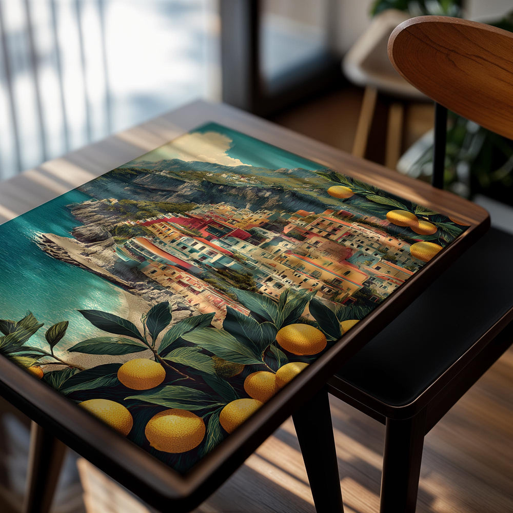 Vibrant coastal scene with colorful buildings, blue sea, and lemon trees, as a premium aluminum metal print from GoMetalPrint.
