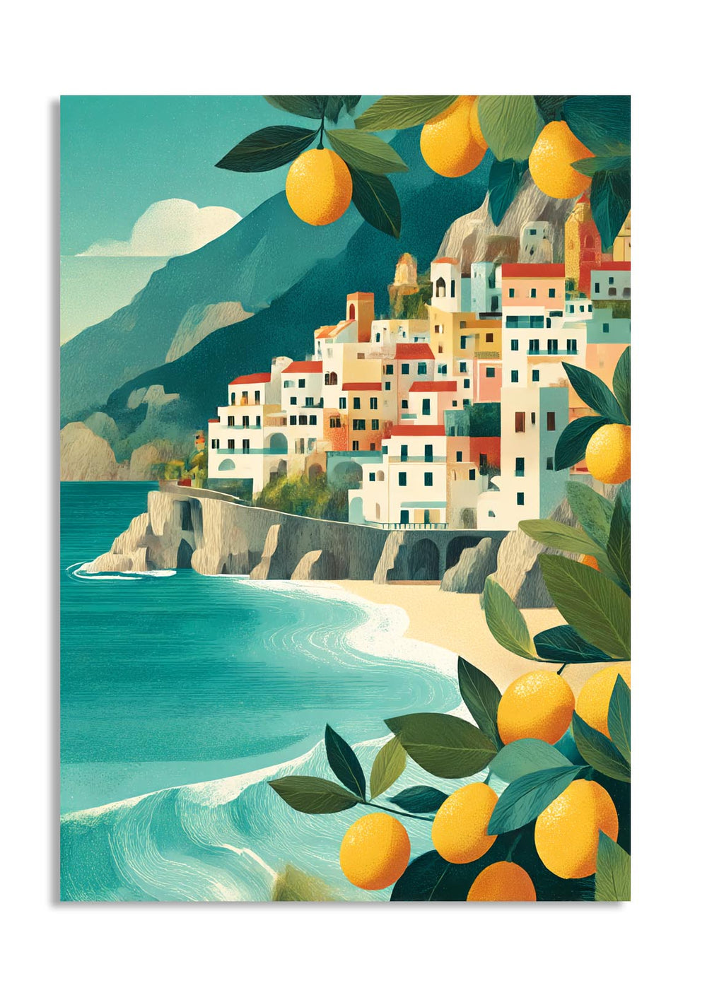 Illustration of a coastal town with buildings, lemon trees, and mountains, as a premium aluminum metal print from GoMetalPrint.
