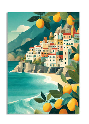 Illustration of a coastal town with buildings, lemon trees, and mountains, as a premium aluminum metal print from GoMetalPrint.
