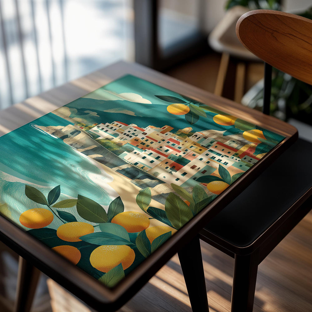 Illustration of a coastal town with buildings, lemon trees, and mountains, as a premium aluminum metal print from GoMetalPrint.
