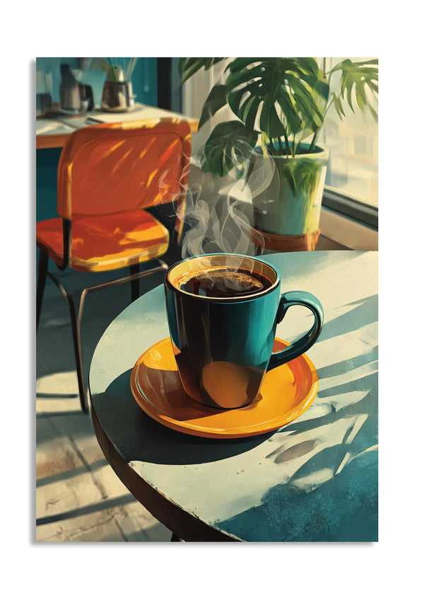 Steaming coffee cup on a saucer with a plant in the background, as a premium aluminum metal print from GoMetalPrint.
