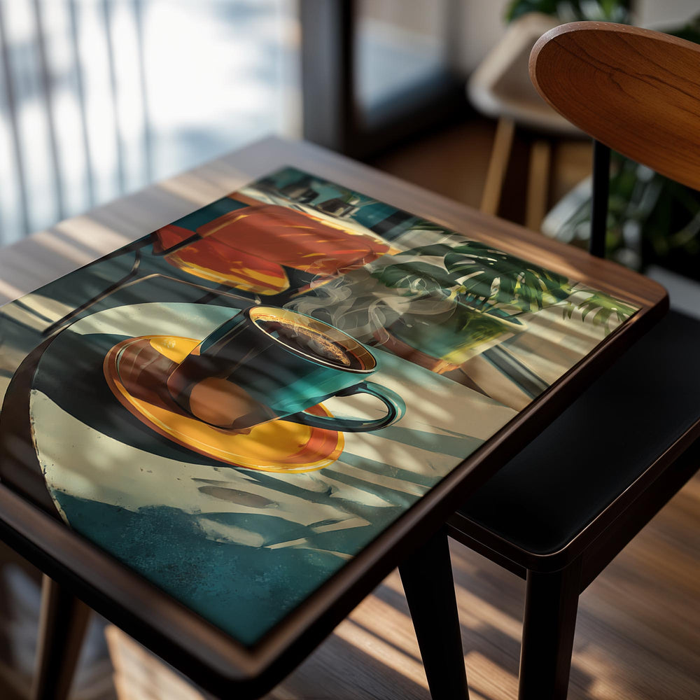 Steaming coffee cup on a saucer with a plant in the background, as a premium aluminum metal print from GoMetalPrint.
