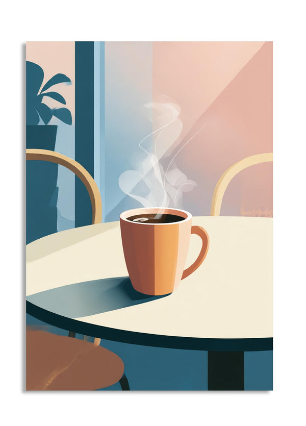 Illustration of a steaming coffee cup on a table with a abstract background, as a premium aluminum metal print from GoMetalPrint.
