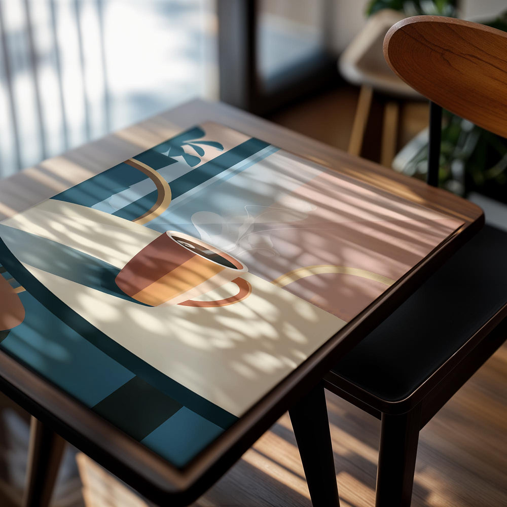 Illustration of a steaming coffee cup on a table with a abstract background, as a premium aluminum metal print from GoMetalPrint.
