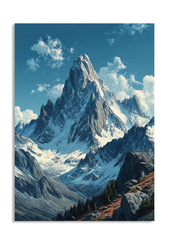 Stylized mountain landscape with a prominent peak and clouds in the sky, as a premium aluminum metal print from GoMetalPrint.
