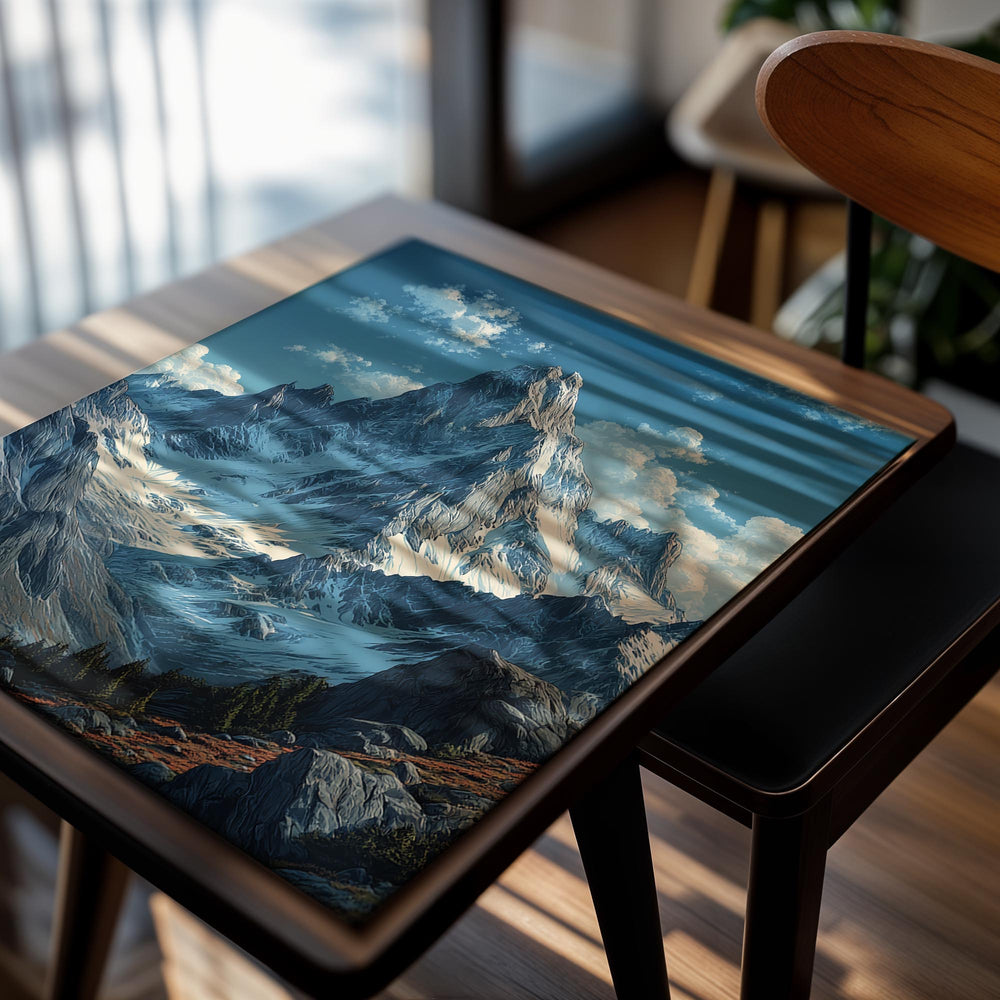 Stylized mountain landscape with a prominent peak and clouds in the sky, as a premium aluminum metal print from GoMetalPrint.

