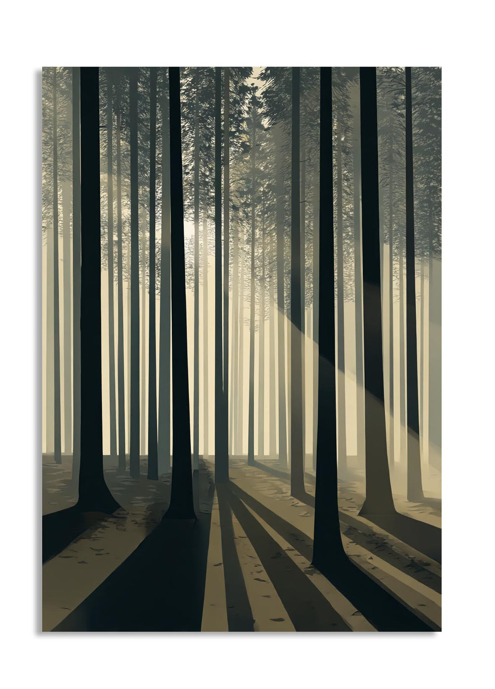 Forest scene with tall trees casting shadows on a white background, as a premium aluminum metal print from GoMetalPrint.
