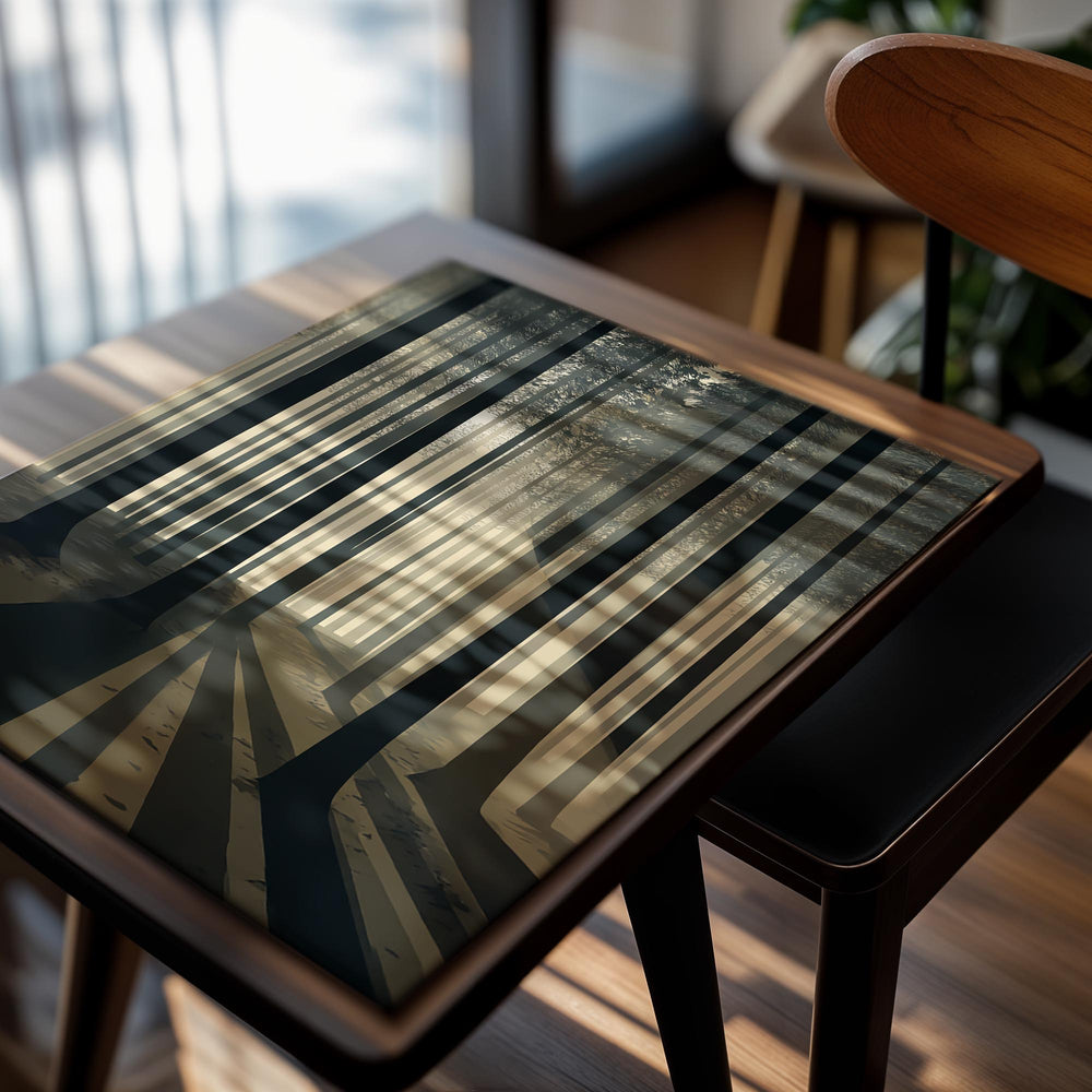 Forest scene with tall trees casting shadows on a white background, as a premium aluminum metal print from GoMetalPrint.
