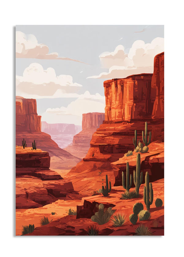 Illustration of a desert landscape with red rock formations and cacti, as a premium aluminum metal print from GoMetalPrint.
