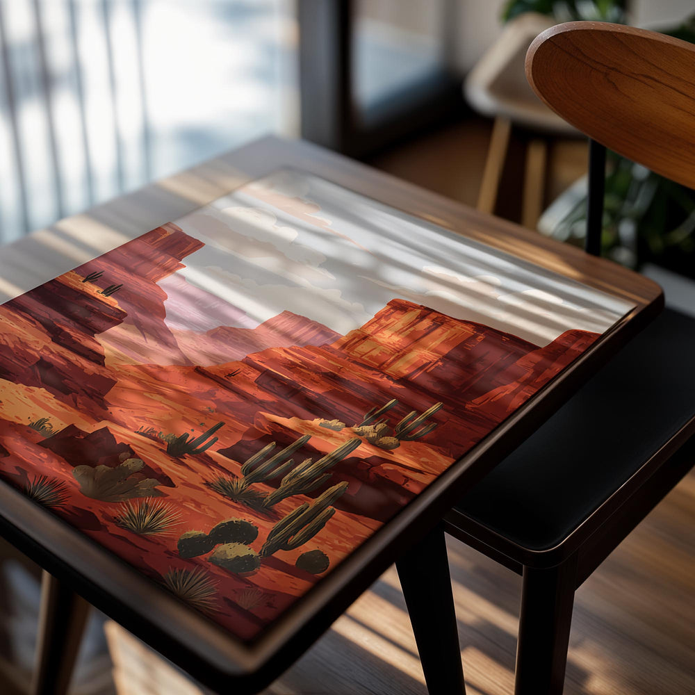 Illustration of a desert landscape with red rock formations and cacti, as a premium aluminum metal print from GoMetalPrint.
