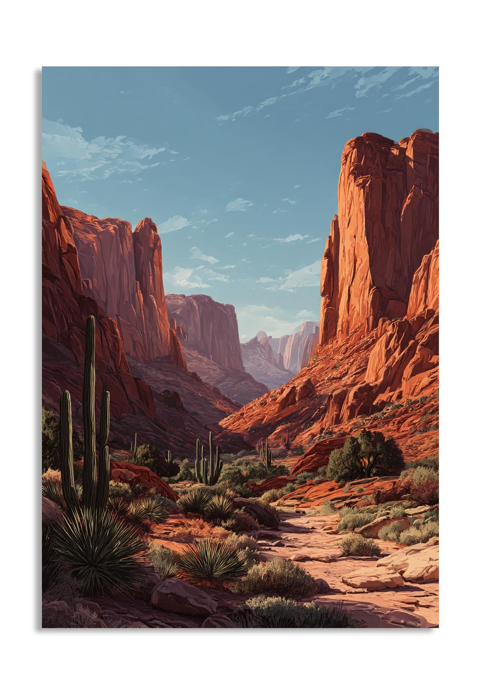 Desert landscape with red rock formations and cacti under a blue sky, as a premium aluminum metal print from GoMetalPrint.
