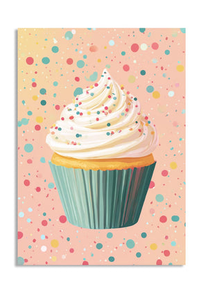Illustration of a cupcake with colorful frosting on a pink background with polka dots, as a premium aluminum metal print from GoMetalPrint.
