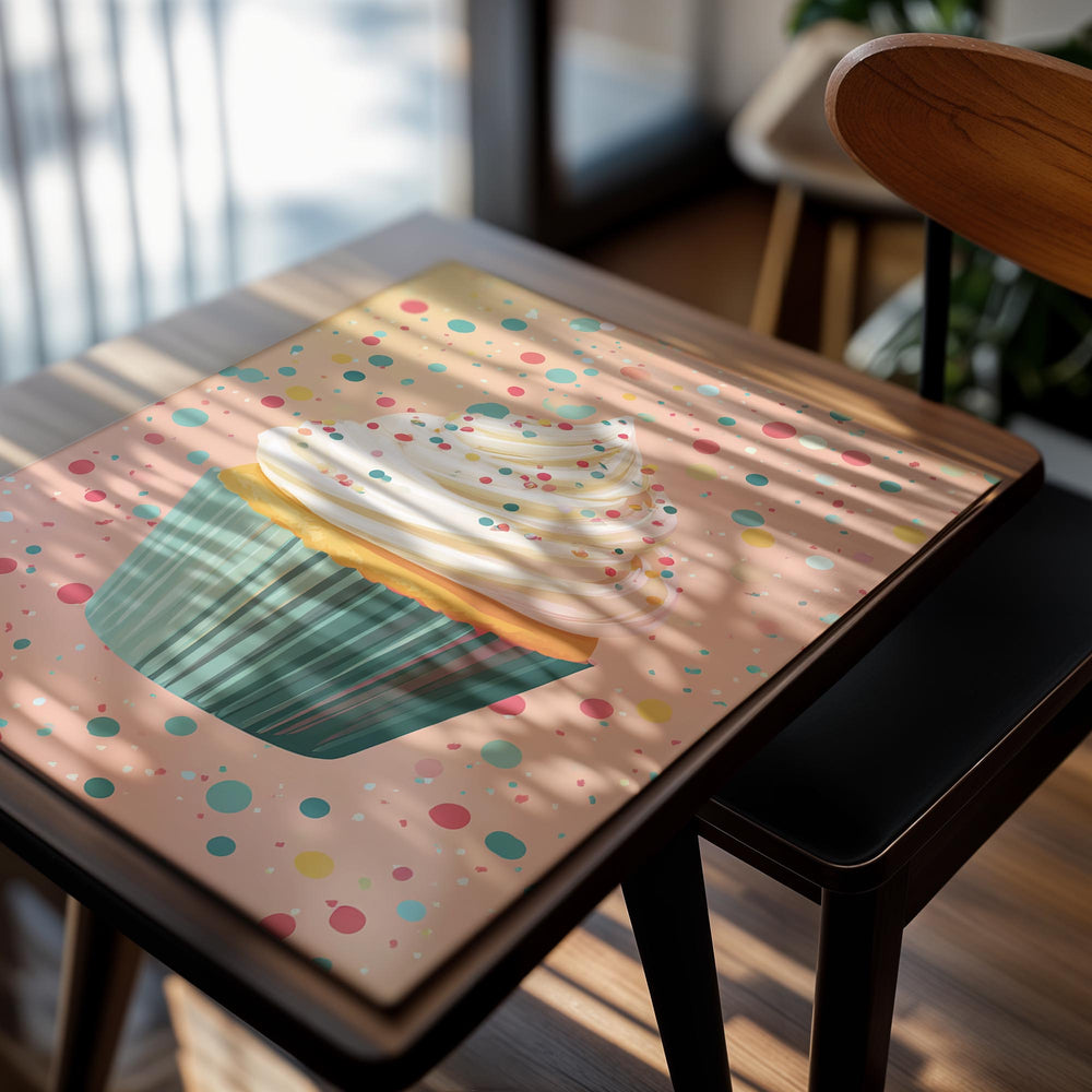 Illustration of a cupcake with colorful frosting on a pink background with polka dots, as a premium aluminum metal print from GoMetalPrint.
