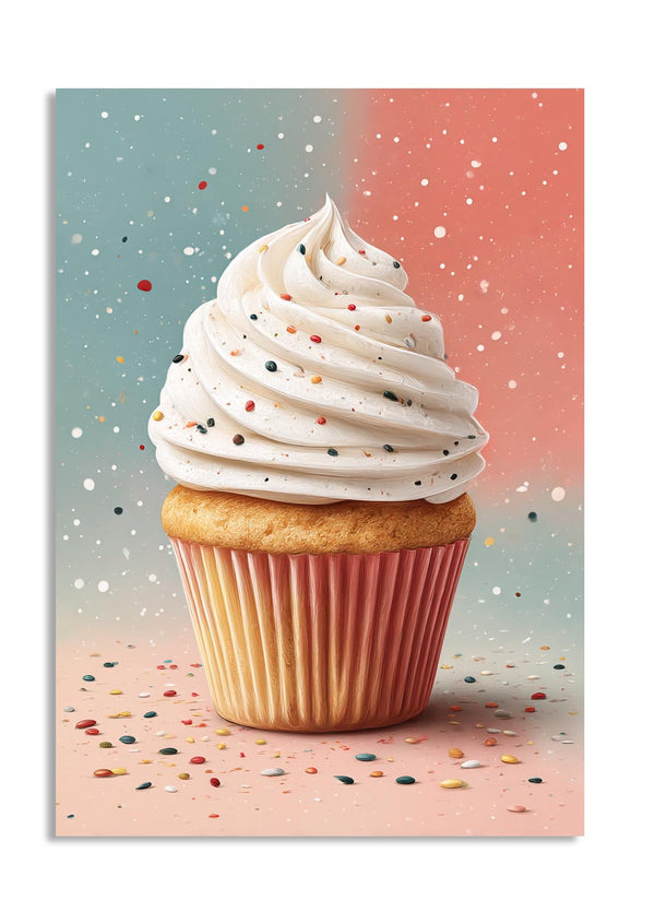 Cupcake with white frosting and colorful sprinkles on a gradient background, as a premium aluminum metal print from GoMetalPrint.
