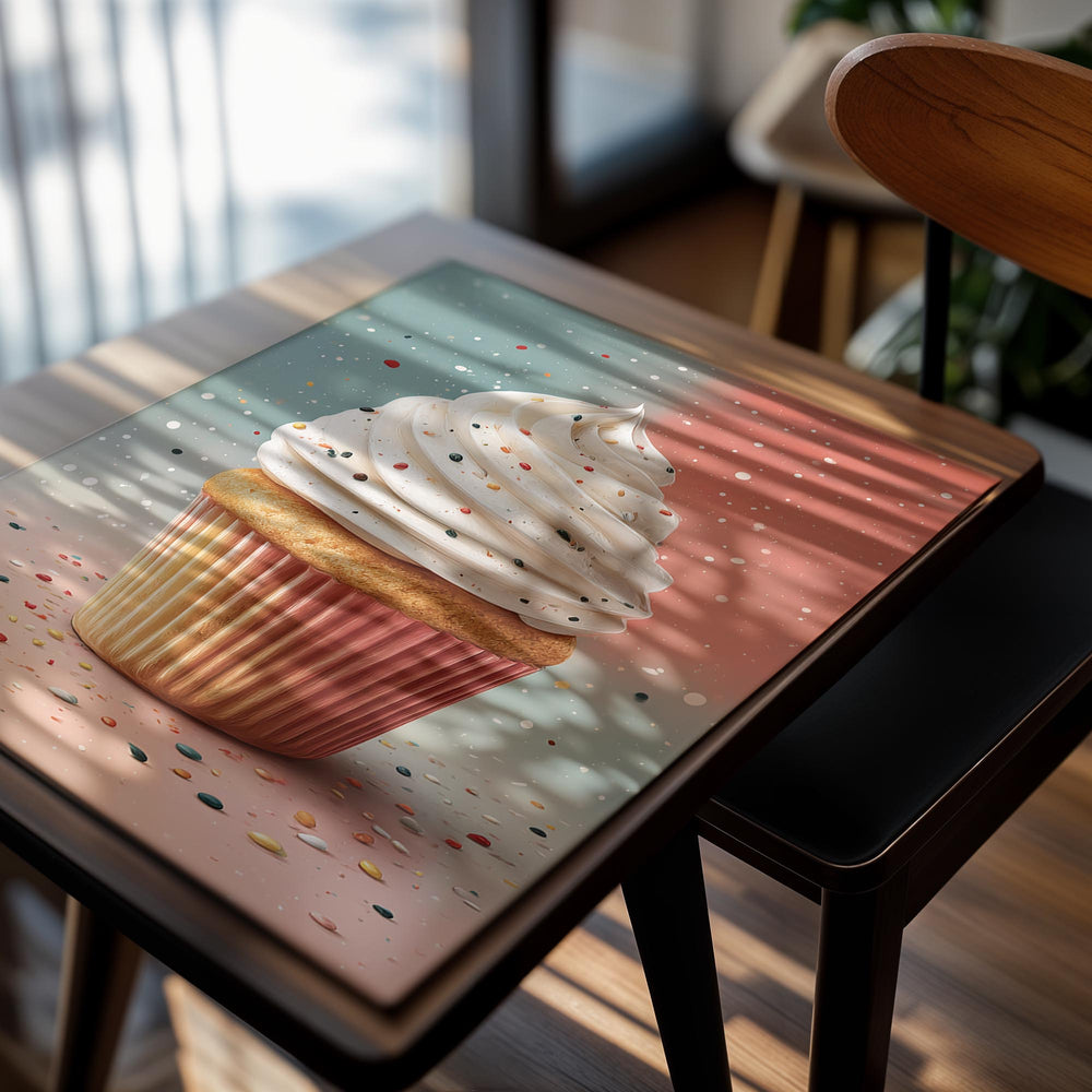 Cupcake with white frosting and colorful sprinkles on a gradient background, as a premium aluminum metal print from GoMetalPrint.
