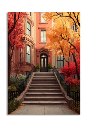 Staircase leading to a brownstone building with autumn trees on either side, as a premium aluminum metal print from GoMetalPrint.
